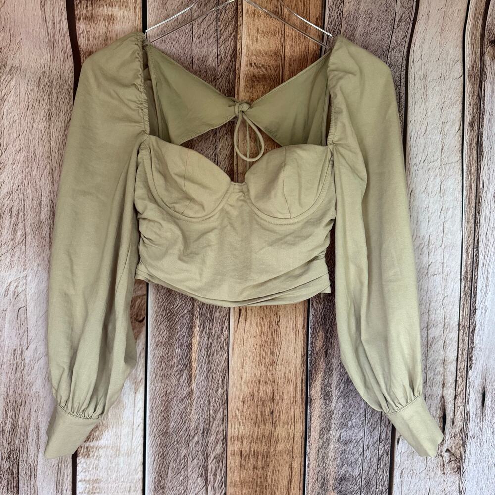 Majorelle Emily Puff Sleeve Corset Crop Top Khaki Romantic Bustier Blouse Small